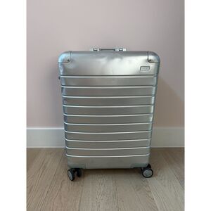 AWAY The Medium Aluminum Edition Checked Suitcase in Silver w/ Clear Cover VGC